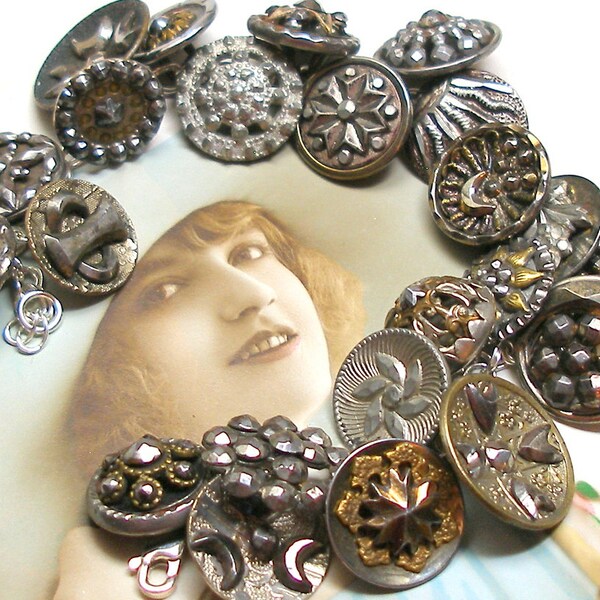 1800s BUTTONS charm bracelet. Victorian cut steel. 7.5" sterling silver, ooak jewellry. 23 ANTIQUE buttons.