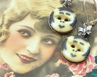 1920s Flapper vintage BUTTON earrings. Edwardian china faces on silver. Antique button jewelry.