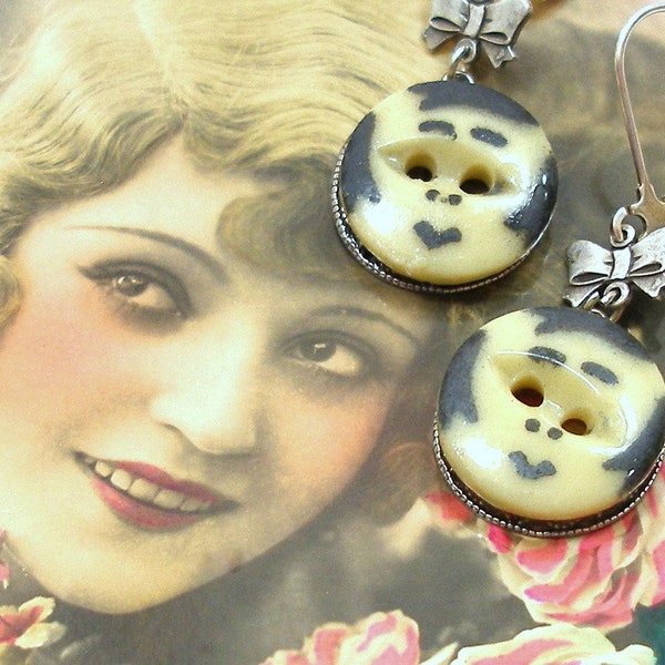 1920s Flapper vintage BUTTON earrings. Edwardian china faces on silver. Antique button jewelry.