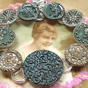 1800s Antique BUTTON bracelet.  Victorian Butterfly & flowers, 7.5&quot; jewellery. One of a kind vintage button jewelry. AlliesAdornments