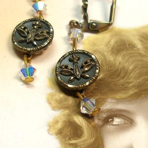 1800s Butterfly antique BUTTON earrings, Edwardian tiny buttons on brass. One of a kind vintage button jewelry.