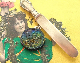 SALE Knife & Antique BUTTON Sterling Brooch, Victorian black glass on vintage pin. One of a kind antique button jewelry.