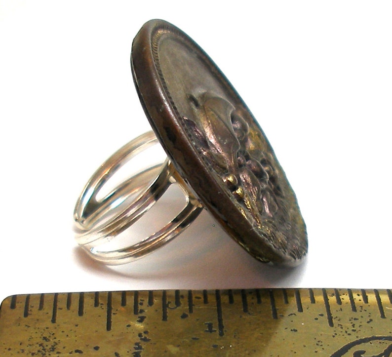 Umbrella Birds, Antique BUTTON Ring, Sterling Silver Adjustable Band