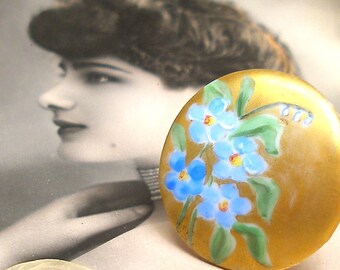 Bluebells BUTTON ring, 1900s Edwardian flowers on sterling silver adjustable band. One of a kind vintage button jewelry.