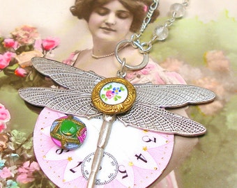 Dragonfly, 1800s BUTTON necklace, Edwardian enamel watch face with flowers on sterling chain. One of a kind antique button jewelry.