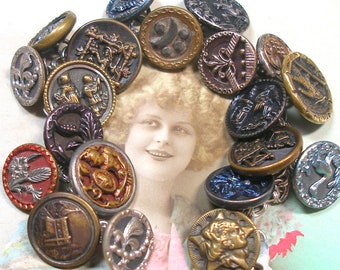 1800s BUTTONS charm bracelet. Victorian picture buttons, 7" sterling silver, one of a kind jewelry. 20 ANTIQUE buttons.