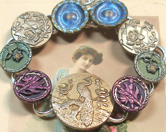Peacock 1800s Antique BUTTON bracelet. French Victorian BIRD & flowers. 7" jewelry. One of a kind. AlliesAdornments