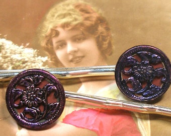 1800s Antique BUTTON hair pins. Victorian FLOWERS on silver bobby pins, hair grips. Present, gift.