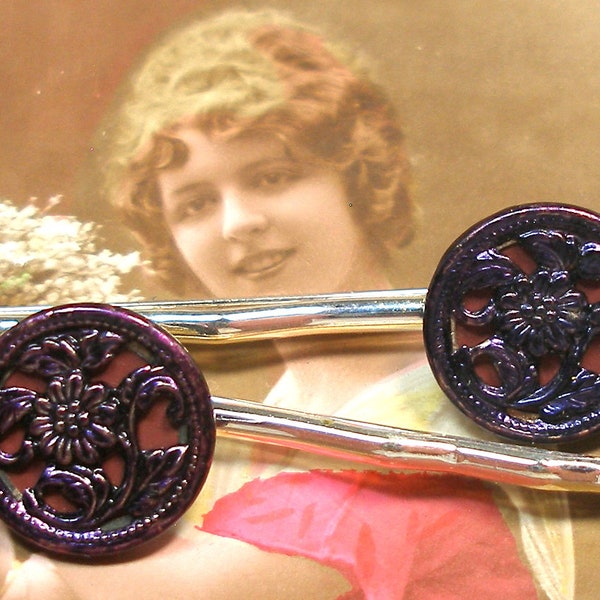 1800s Antique BUTTON hair pins. Victorian FLOWERS on silver bobby pins, hair grips. Present, gift.