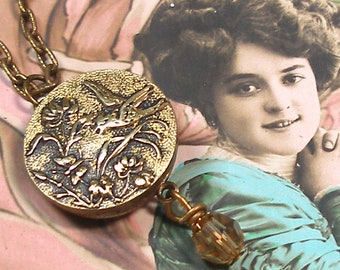 Antique French BUTTON necklace. Victorian BIRD on plated chain. Vintage button jewelry.