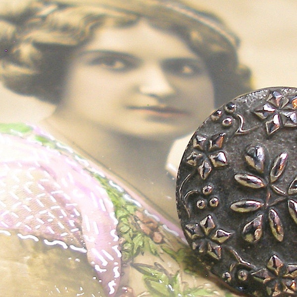 Antique BUTTON ring. Victorian black glass, adjustable sterling band. 1800s one of a kind button jewelry. AlliesAdornments