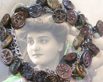 1800s BUTTONS charm bracelet. Victorian tinies. 8.5" sterling silver, one of a kind jewelry. 25 ANTIQUE buttons.