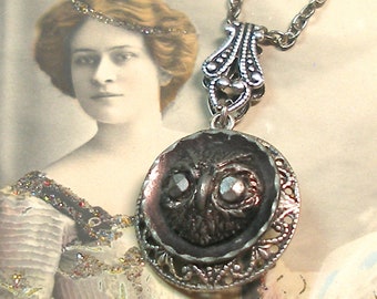 OWL 1800s BUTTON necklace. Victorian bird. Antique button jewelry. Present, gift.