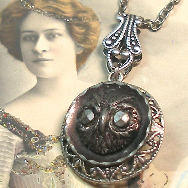 OWL 1800s BUTTON necklace. Victorian bird. Antique button jewelry. Present, gift.