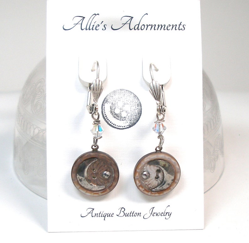 Crescent Moon Antique BUTTON earrings. Victorian shell with cut steel. One of a kind button jewelry. Present, gift. AlliesAdornments image 3