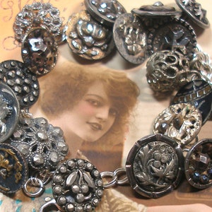 1800s BUTTONS charm bracelet. Victorian cut steel. 7 sterling silver, ooak jewellry. 20 buttons. One of a kind vintage button jewelry. image 1