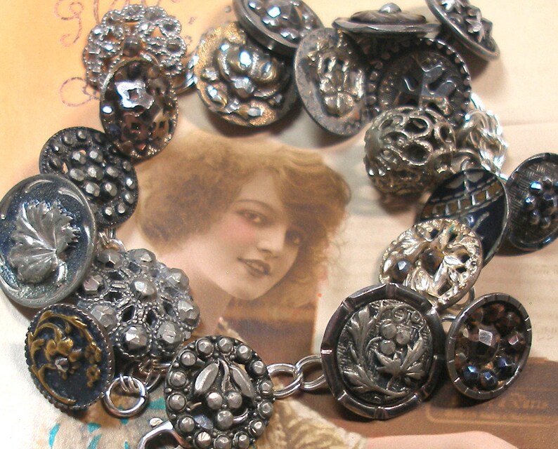 1800s BUTTONS charm bracelet. Victorian cut steel. 7 sterling silver, ooak jewellry. 20 buttons. One of a kind vintage button jewelry. image 1