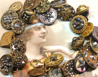 Star Maiden Antique BUTTON charm bracelet. 1800s celestial motif on gold.  8" one-of-a-kind jewelry. 25 buttons.