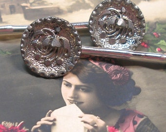 French BUTTON hair pins. Antique Victorian flowers on silver bobby pins, hair grips. Present gift. Vintage button jewelry. AlliesAdornments