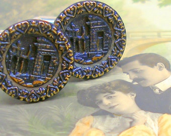 Ancient Ruins BUTTON cuff links. Victorian Architectural buttons on silver. Antique Button Jewelry. Present gift.