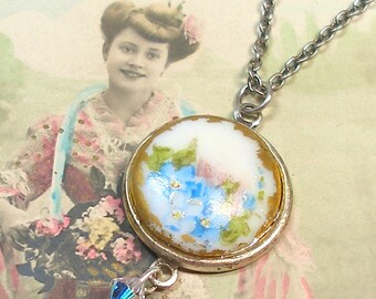 Antique BUTTON necklace. Edwardian flowers on porcelain. One of a kind jewelry.