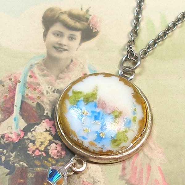 Antique BUTTON necklace. Edwardian flowers on porcelain. One of a kind jewelry.