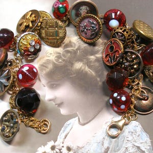 1800s BUTTON charm bracelet, Antique Victorian glass & cut steel in reds on gold. 7.5&quot; one-of-a-kind jewelry.