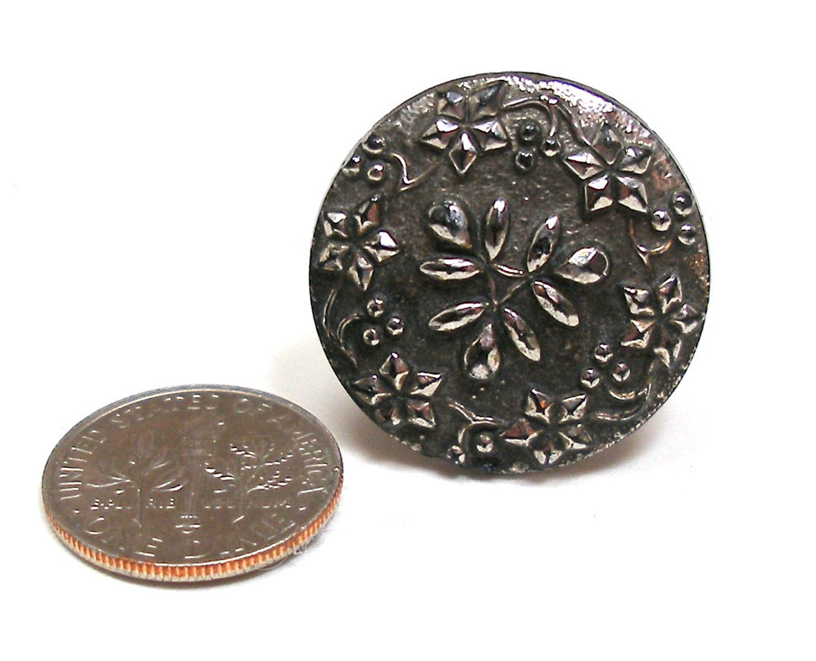 Antique BUTTON Ring. Victorian Black Glass, Adjustable Sterling Band ...