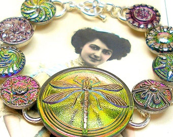 Dragonfly BUTTON bracelet, Czech mirrorback glass with flowers on silver, 7" jewelry. AlliesAdornments