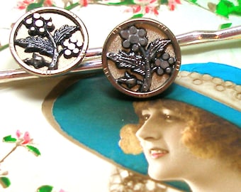 French BUTTON hair pins. Victorian flower in white on silver bobby pins, hair grips. Present gift. Vintage button jewelry. AlliesAdornments