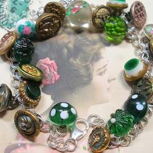 22 antique BUTTONS CHARM bracelet, Antique Victorian flowers in pink, green & white. 7.5&quot; one-of-a-kind jewelry.