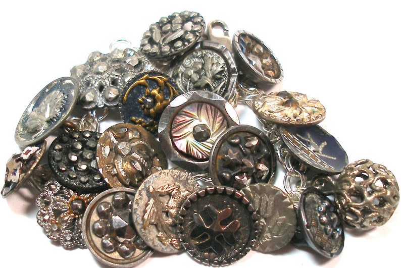 1800s BUTTONS charm bracelet. Victorian cut steel. 7 sterling silver, ooak jewellry. 20 buttons. One of a kind vintage button jewelry. image 5