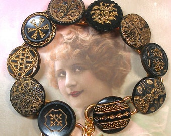 1800s BUTTON bracelet. Victorian black glass, 8.25" gold bracelet. One of a kind jewelry. AlliesAdornments