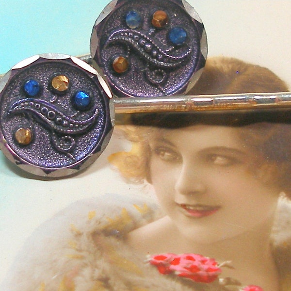 Antique BUTTON hair pins. Art Nouveau buttons on silver bobby pins, hair grips. Present, gift.