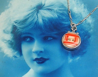 Antique China BUTTON necklace, Victorian stencil with red on sterling chain. One of a kind vintage button jewelry.