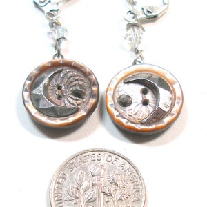 Crescent Moon Antique BUTTON earrings. Victorian shell with cut steel. One of a kind button jewelry. Present, gift. AlliesAdornments image 2