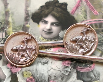 Crane BUTTON hair pins. Victorian BIRDS in pink on silver bobby pins, hair grips. Present gift. Vintage button jewelry, jewellery.