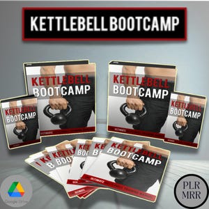 Peut inclure: Une pile de produits numériques avec le titre "Kettlebell Bootcamp: The Ultimate Kettlebell Training Manual" sur la couverture. La couverture représente une personne tenant un kettlebell. Les produits sont sur une surface rouge et blanche.