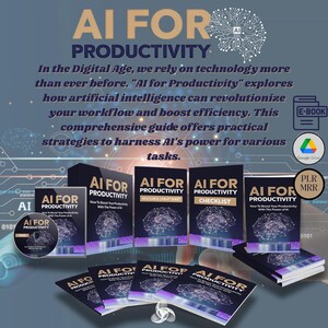 Op de afbeelding: Een verzameling digitale producten met de titel "AI for Productivity" met een hersengrafiek. De producten omvatten een e-book, een resource cheat sheet, een checklist en een gids. De producten zijn beschikbaar op Google Drive en maken deel uit van een PLR MRR-pakket.