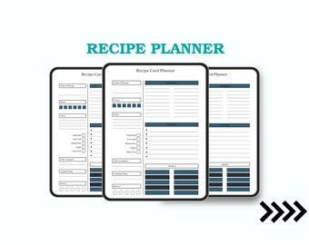 Könnte beinhalten: Drei druckbare Rezeptplaner-Seiten mit einer türkisfarbenen Überschrift, die "Recipe Planner" lautet. Die Seiten sind so konzipiert, dass sie Ihnen helfen, Ihre Rezepte zu organisieren, und enthalten Abschnitte für Name, Zutaten, Anweisungen und Notizen.
