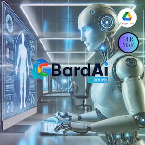 Può includere: Un robot umanoide bianco con occhi blu è seduto a una scrivania davanti a uno schermo di computer. Lo schermo mostra un contorno blu di una figura umana. La mano destra del robot è su una tastiera. Lo sfondo mostra una fila di scrivanie con altri robot seduti a loro posto. Il testo "BardAI Prompts" è visibile nell'immagine.
