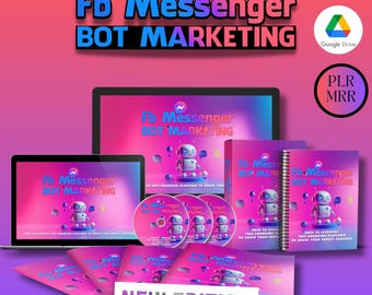 May include: A collection of digital marketing products featuring a pink and blue robot with the text "Fb Messenger Bot Marketing" on a pink and blue background. The products include a laptop, a book, a notebook, and four CDs. The text "New Edition" is displayed at the bottom of the image.