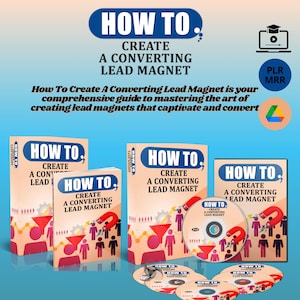 Può includere: Immagine promozionale con più copie di una guida intitolata "How To Create A Converting Lead Magnet". La guida è disponibile in vari formati, tra cui libri e DVD. La copertina presenta un magnete rosso e figure stilizzate.