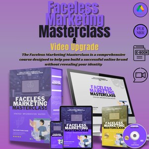 Könnte beinhalten: Ein digitaler Marketingkurs namens "Faceless Marketing Masterclass" wird auf einem Computerbildschirm, einem Tablet und einem Telefon angezeigt. Der Kurs lehrt, wie man eine erfolgreiche Online-Marke aufbaut, ohne seine Identität preiszugeben. Der Kurs umfasst ein E-Book, einen Videokurs und einen Leitfaden zur Strategieimplementierung.