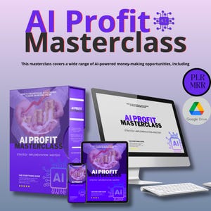 Può includere: Una copertina di prodotto digitale viola e bianca con il testo "AI Profit Masterclass" e "Padronanza dell'implementazione della strategia". La copertina presenta una grafica di mani che tengono una pila di monete. Il prodotto è disponibile su Google Drive.
