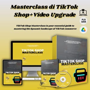 以下が含まれることがあります： TikTok Shop Masterclassのプロモーション画像。コンピューターモニター、タブレット、本、DVDが含まれています。「TikTok Shop Masterclass」と「戦略、実装、マスター」というテキストがあります。配色は黄色と黒です。