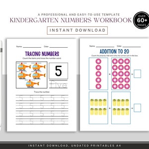Può includere: Un quaderno di esercizi sui numeri per bambini con esercizi di tracciamento e addizione. Il quaderno include pagine per tracciare il numero 5, con illustrazioni di elicotteri. I problemi di addizione presentano ciambelle e vasi di fiori gialli. Il testo recita "Download istantaneo."