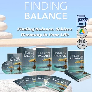 Può includere: Un set di prodotti digitali su come trovare l'equilibrio nella vita. I prodotti includono un e-book, una checklist, un foglio di trucchi delle risorse e un video. Tutti i prodotti sono intitolati "Finding Balance" e presentano un'immagine stilizzata di un albero con uno sfondo di cielo blu.