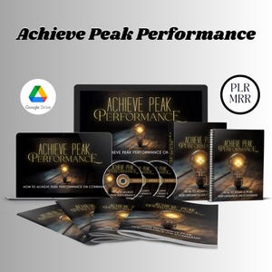 May include: A digital product bundle titled "Achieve Peak Performance" featuring a laptop, tablet, ebooks, and audio files. The product is available for download on Google Drive.