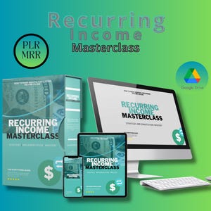 Può includere: Un prodotto di marketing digitale chiamato "Recurring Income Masterclass" è mostrato su uno schermo di computer, un tablet e un telefono. Il prodotto è una guida per generare entrate mensili ricorrenti online. L'immagine include anche un logo di Google Drive, suggerendo che il prodotto è disponibile per il download.